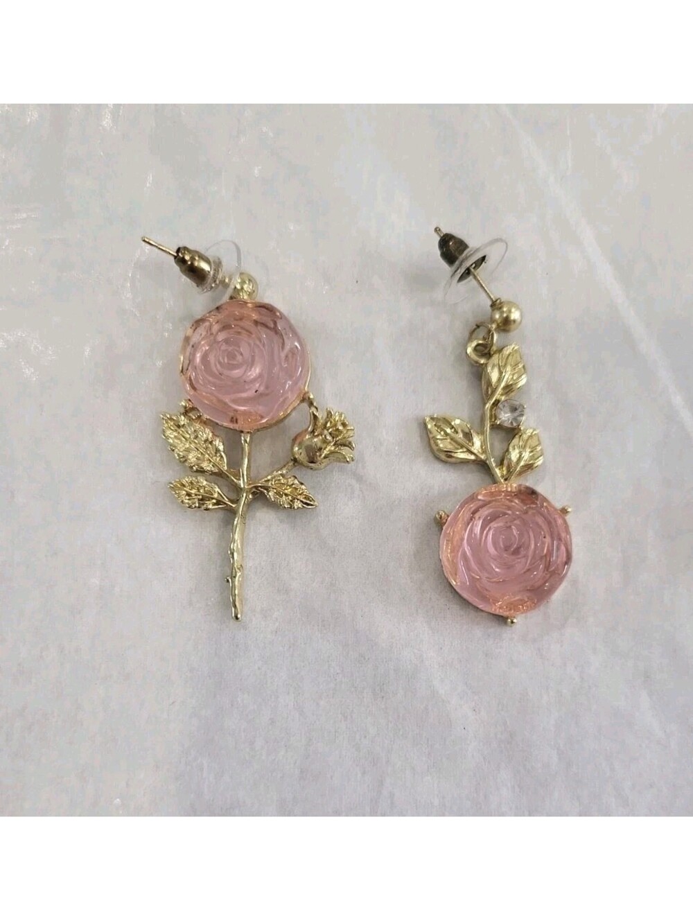 Asymmetric Rose Drop Earrings. Pink Gemstone Flower Pendants. Gold-tone